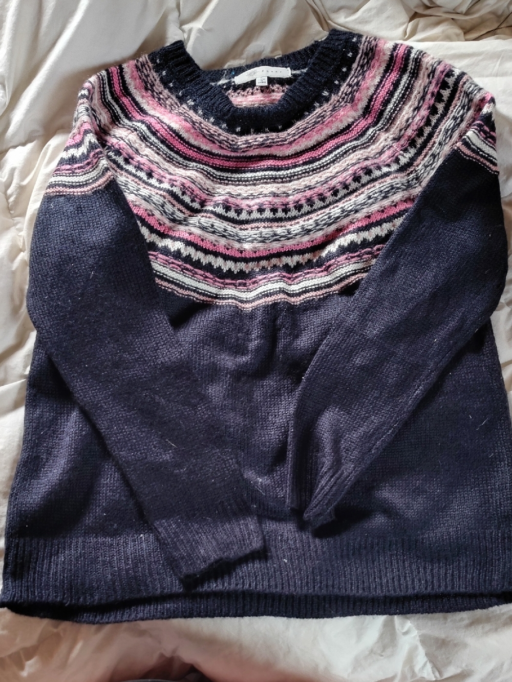 Fever Navy Fair Isle Crewneck Sweater with Pink and Cream Yoke